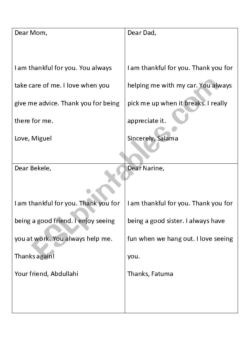 Thank you post card worksheet