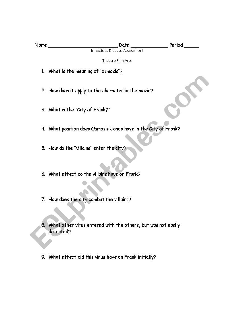 Osmosis Jones worksheet - ESL worksheet by Kaysietaye Within Osmosis Jones Movie Worksheet