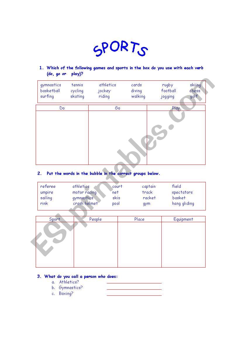 SPORTS worksheet