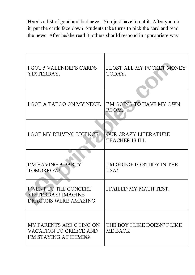 Bad and good news worksheet