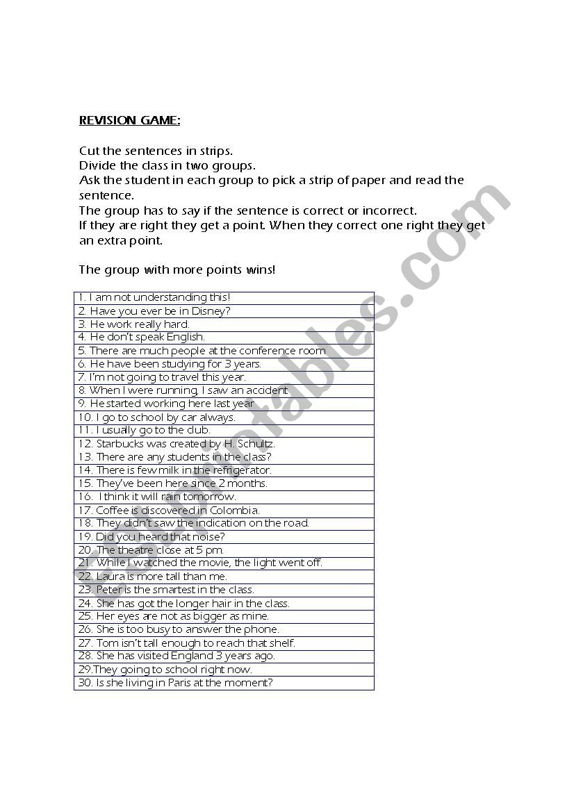 REVISION GAME FOR PRE INTERMEDIATE