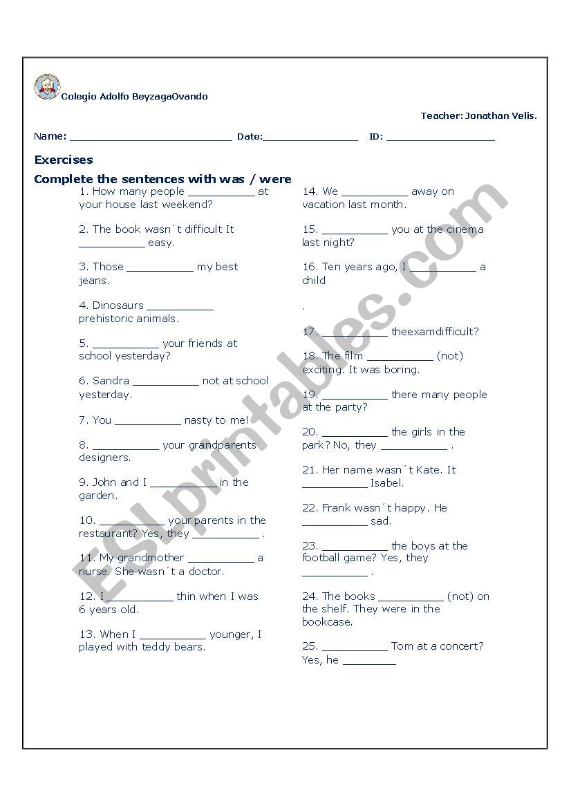 was/were worksheet worksheet