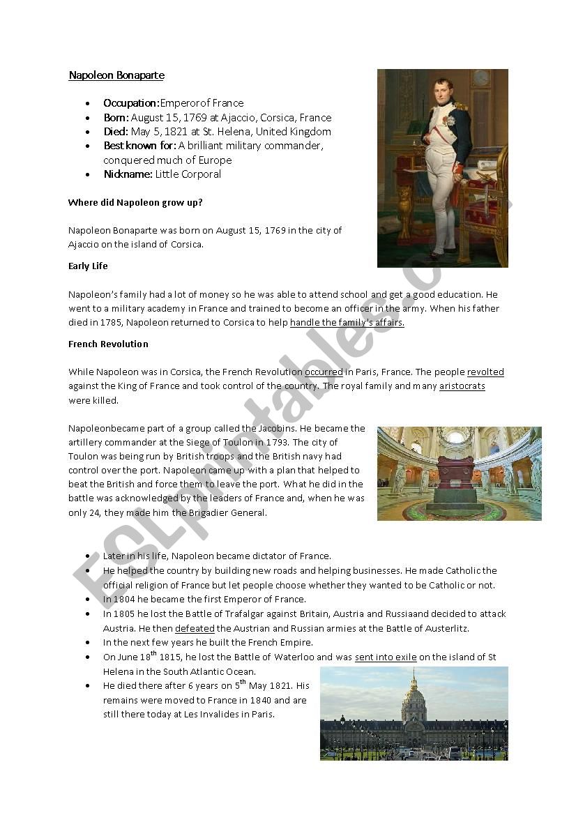 Napoleon Bonaparte worksheet