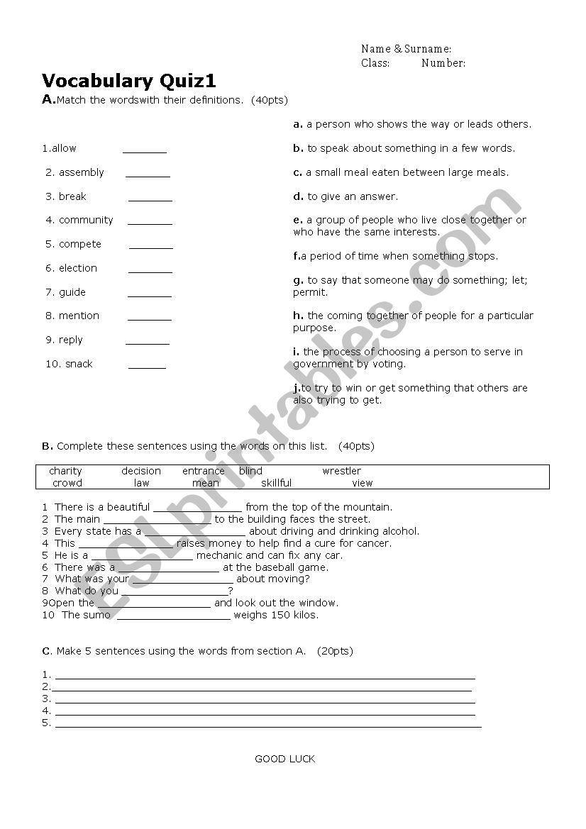 vocabulary quiz worksheet