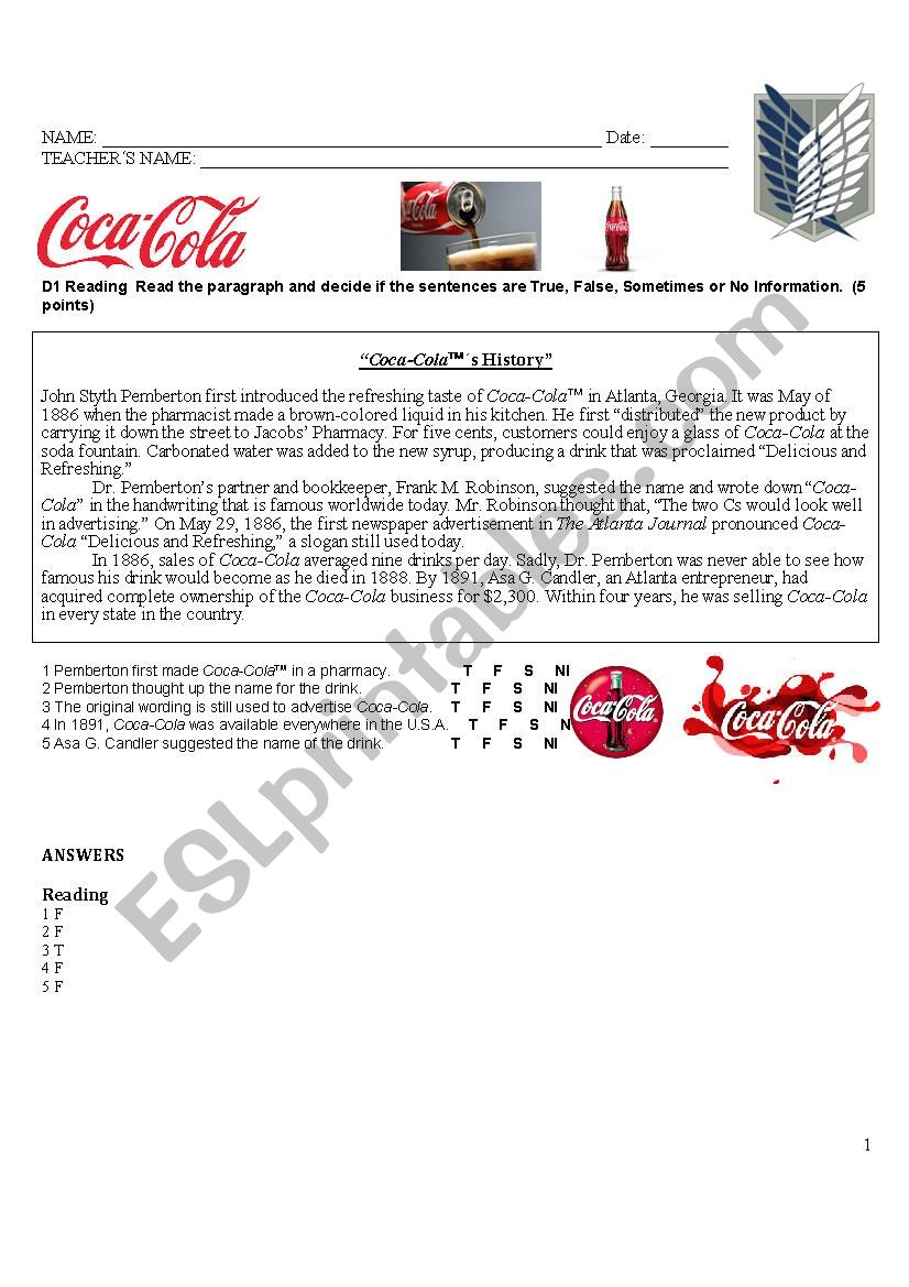 The Coca Cola READING worksheet
