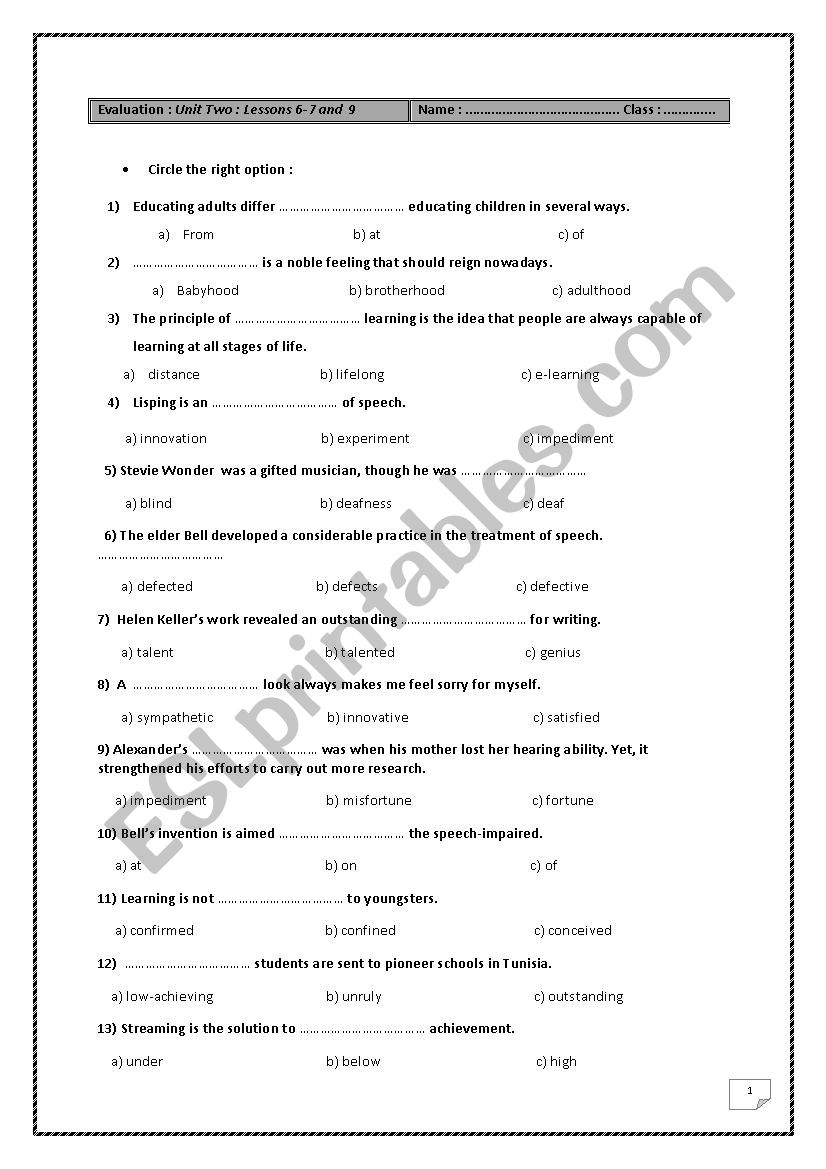 Evaluation bac students worksheet