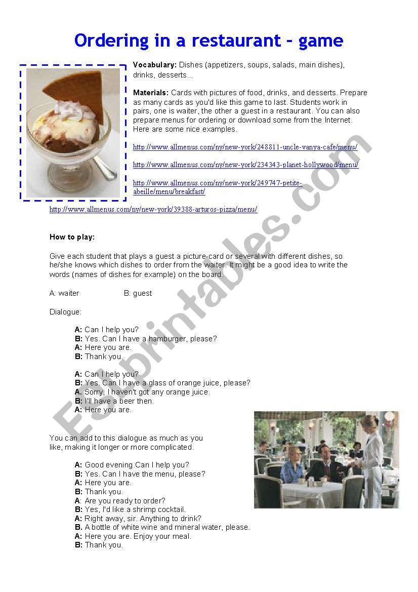 ordering in a restaurant worksheet
