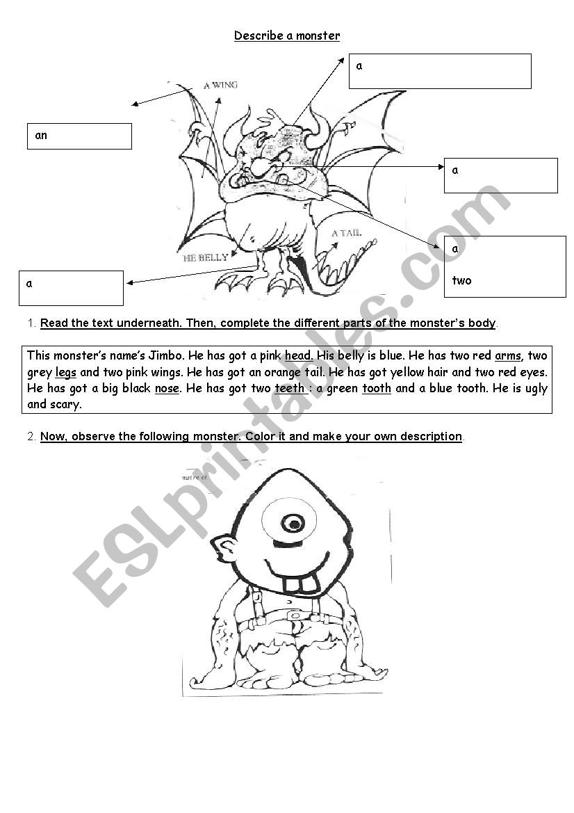 DESCRIBE A MONSTER worksheet