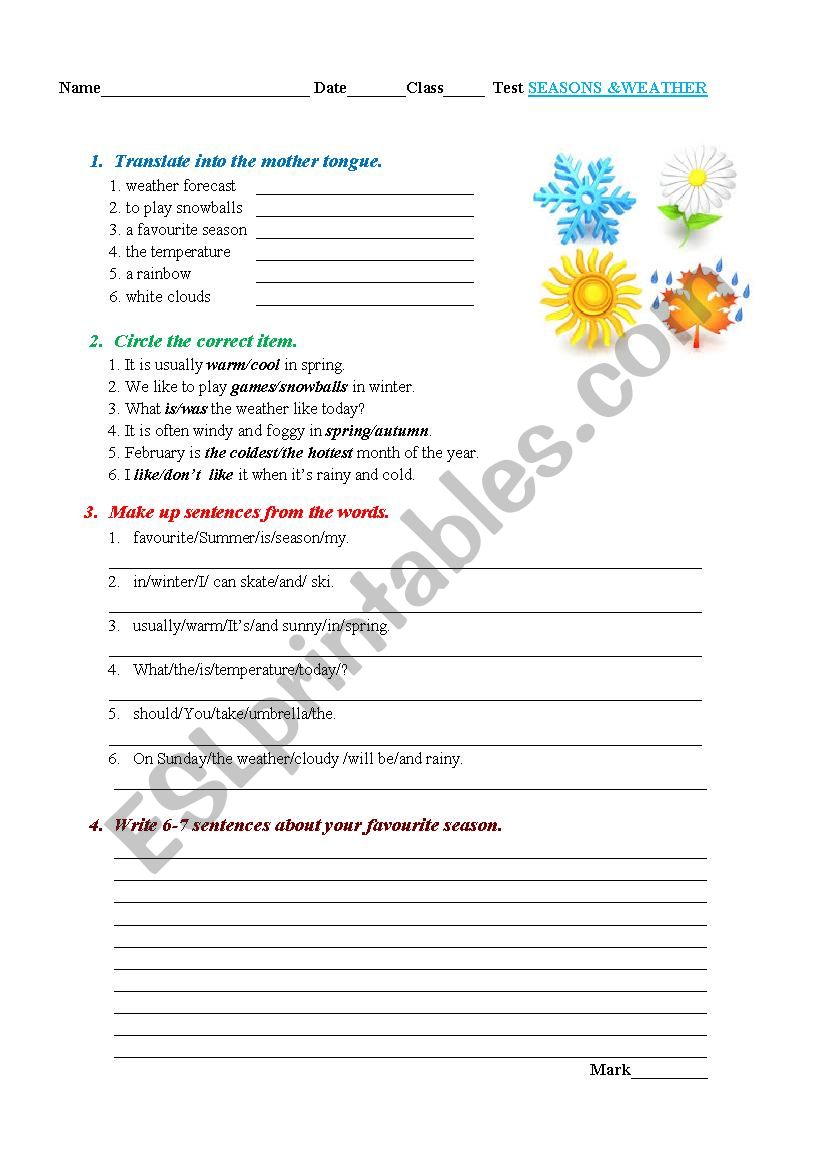 Seasons &Weather worksheet