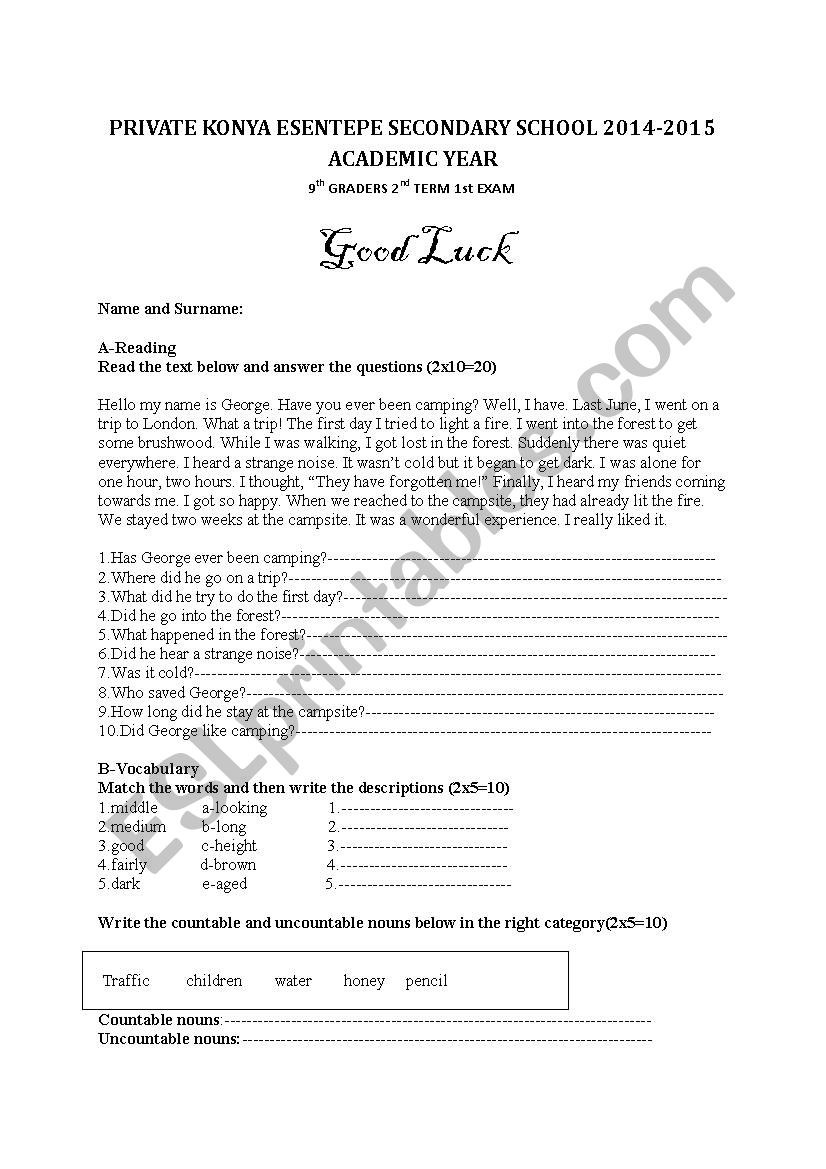 9th graders written exam worksheet