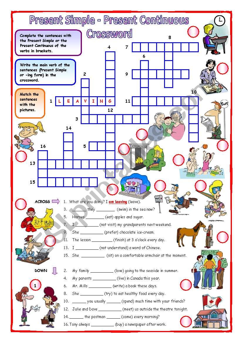 Present Simple - Present Continuous Crossword