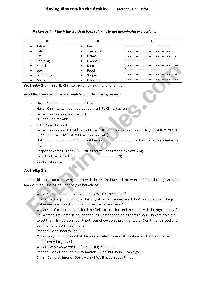 having dinner with the smiths worksheet