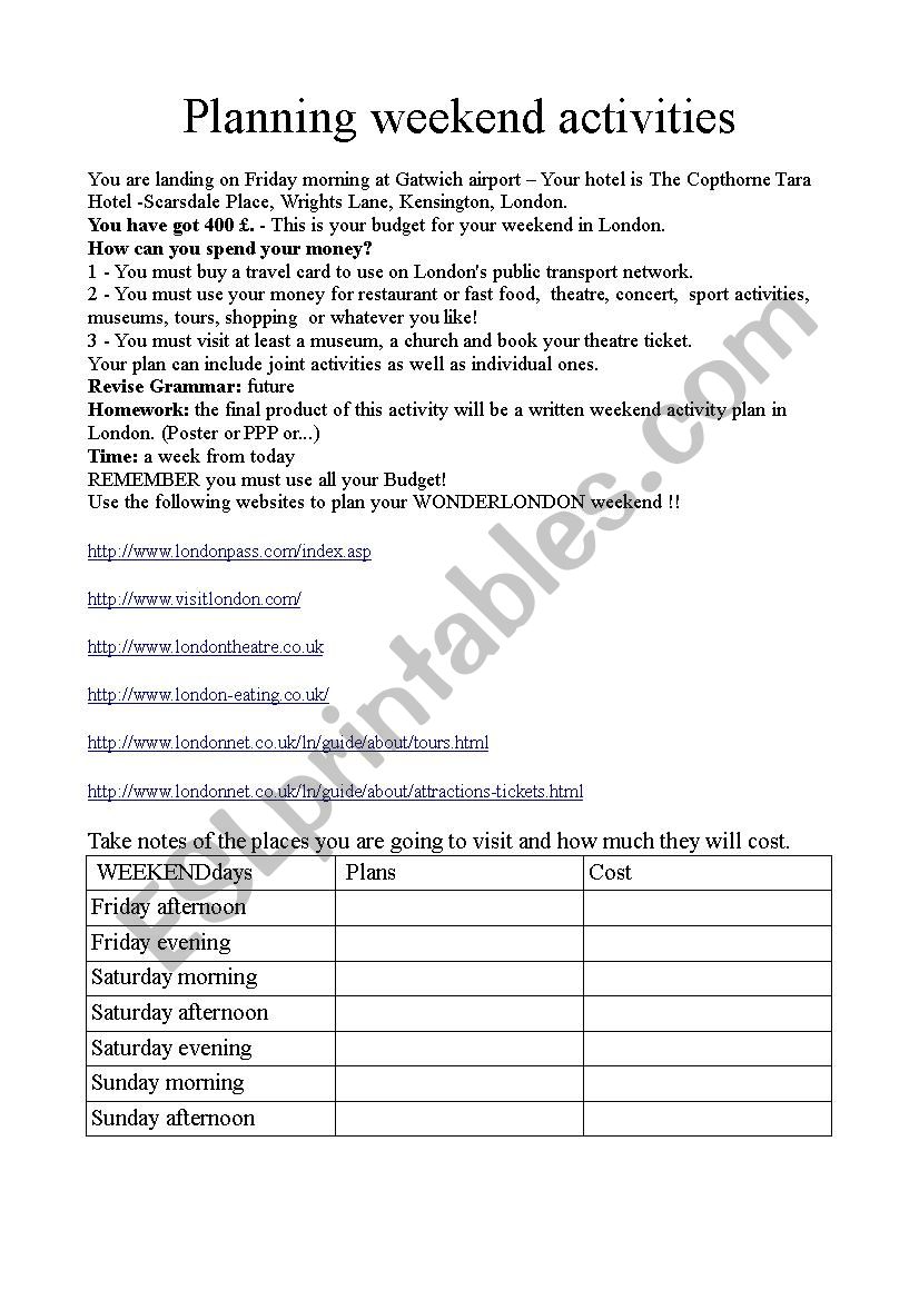 Planning Trip to London worksheet