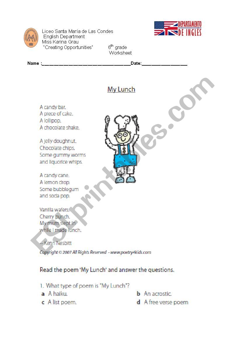 reading   poem  about  lunch  worksheet