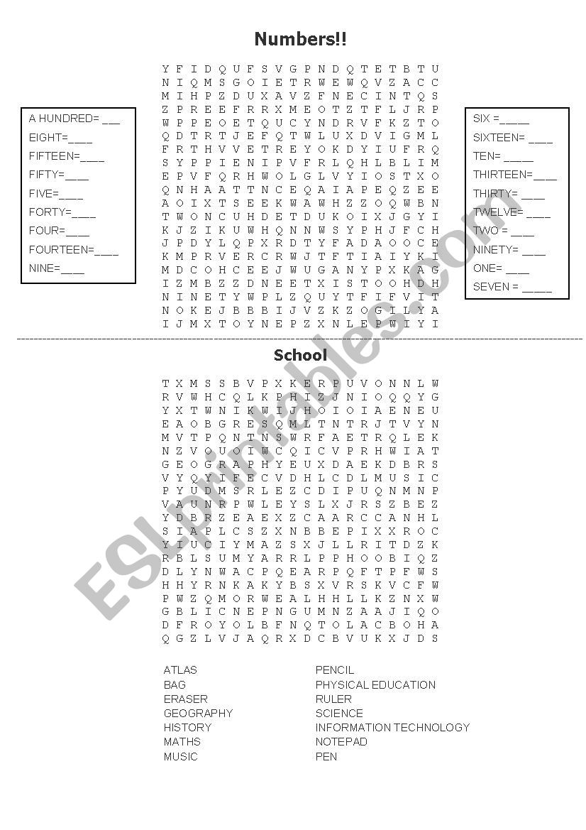 word seach worksheet