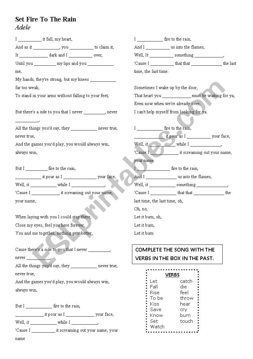 Adele Set Fire to the Rain worksheet