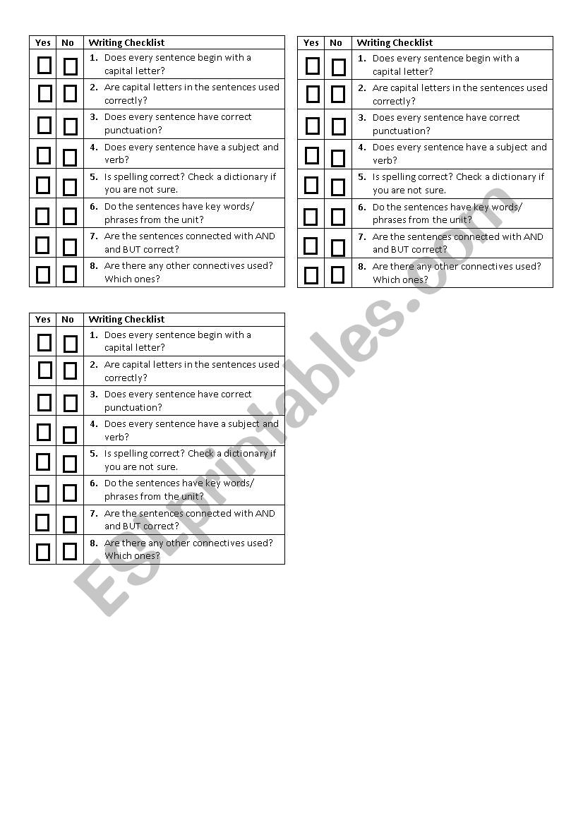 writing checklist worksheet