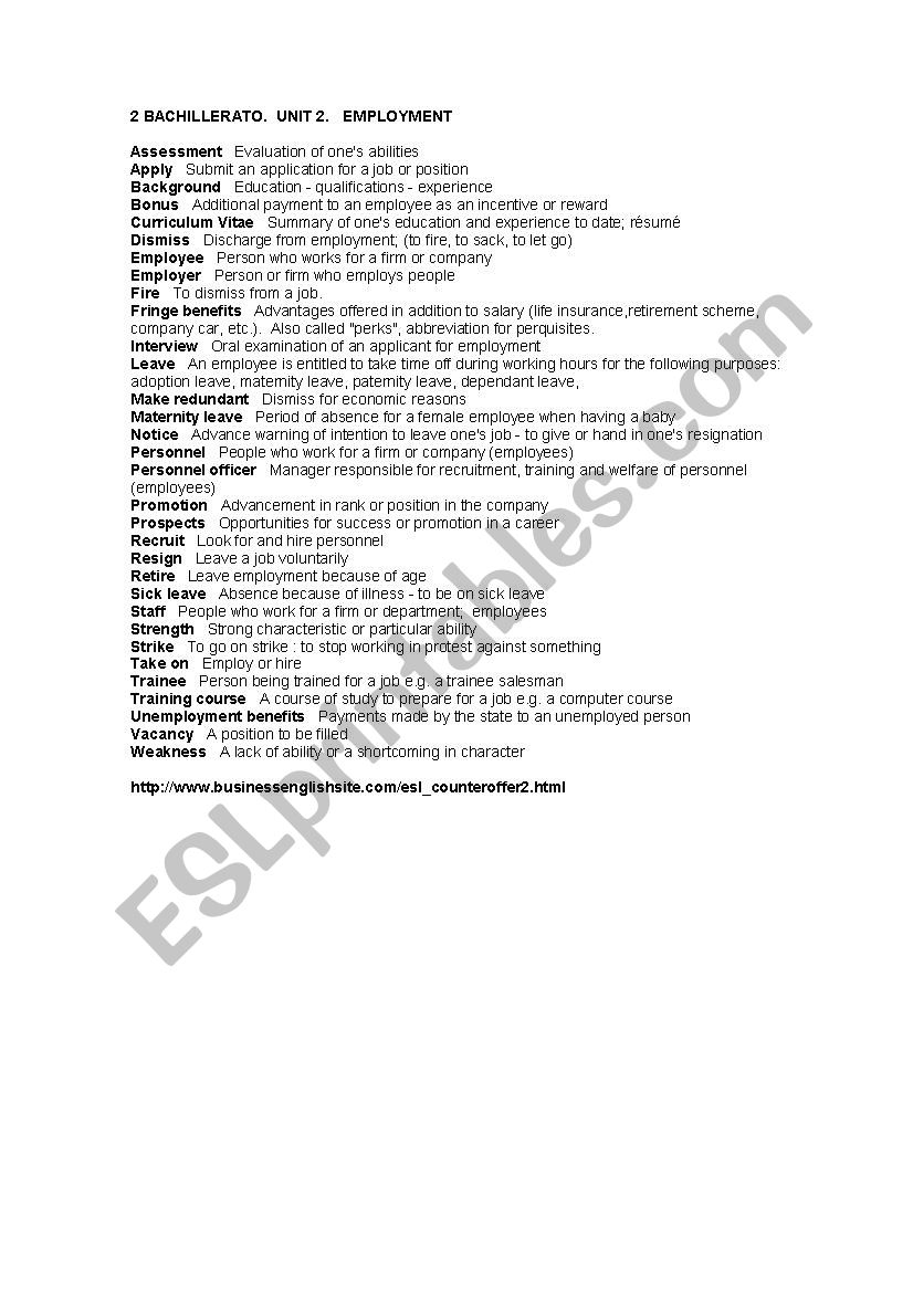 Vocabulary: Employment worksheet