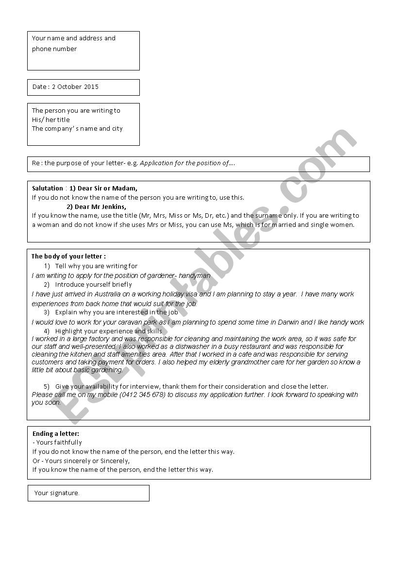 Lay-out of a cover letter worksheet