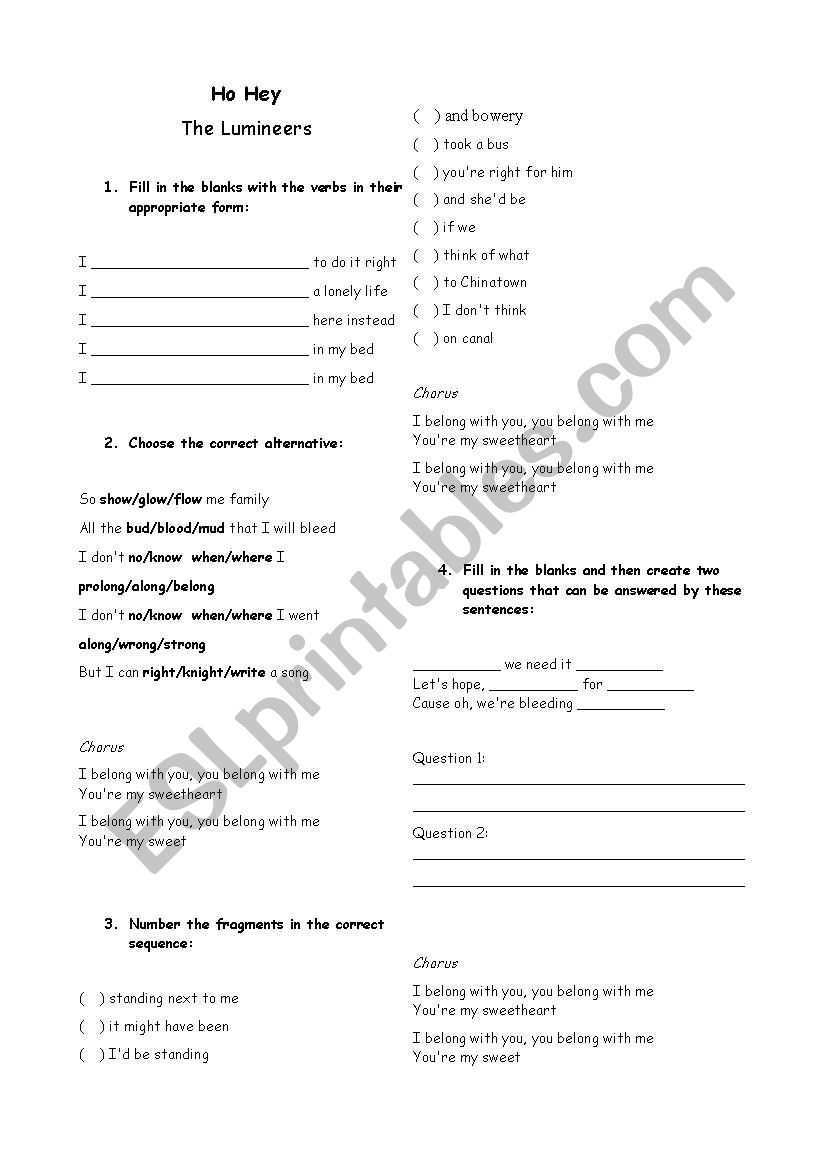 Ho Hey the lumineers worksheet