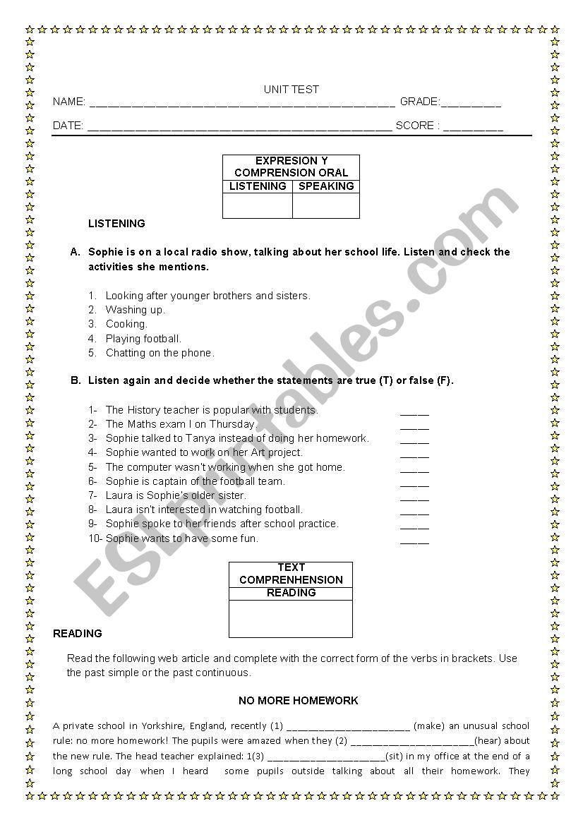 UNIT TEST worksheet