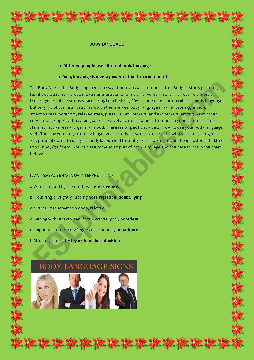 body language worksheet