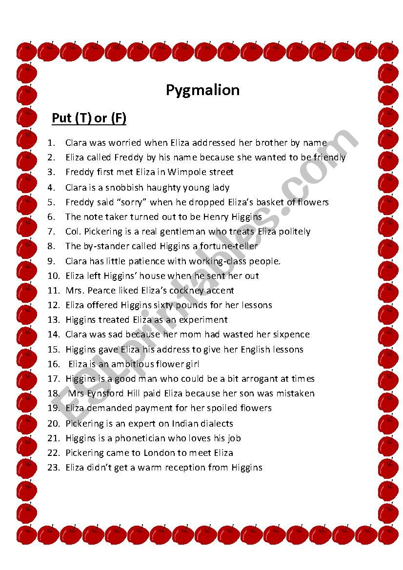 Pygmalion worksheet