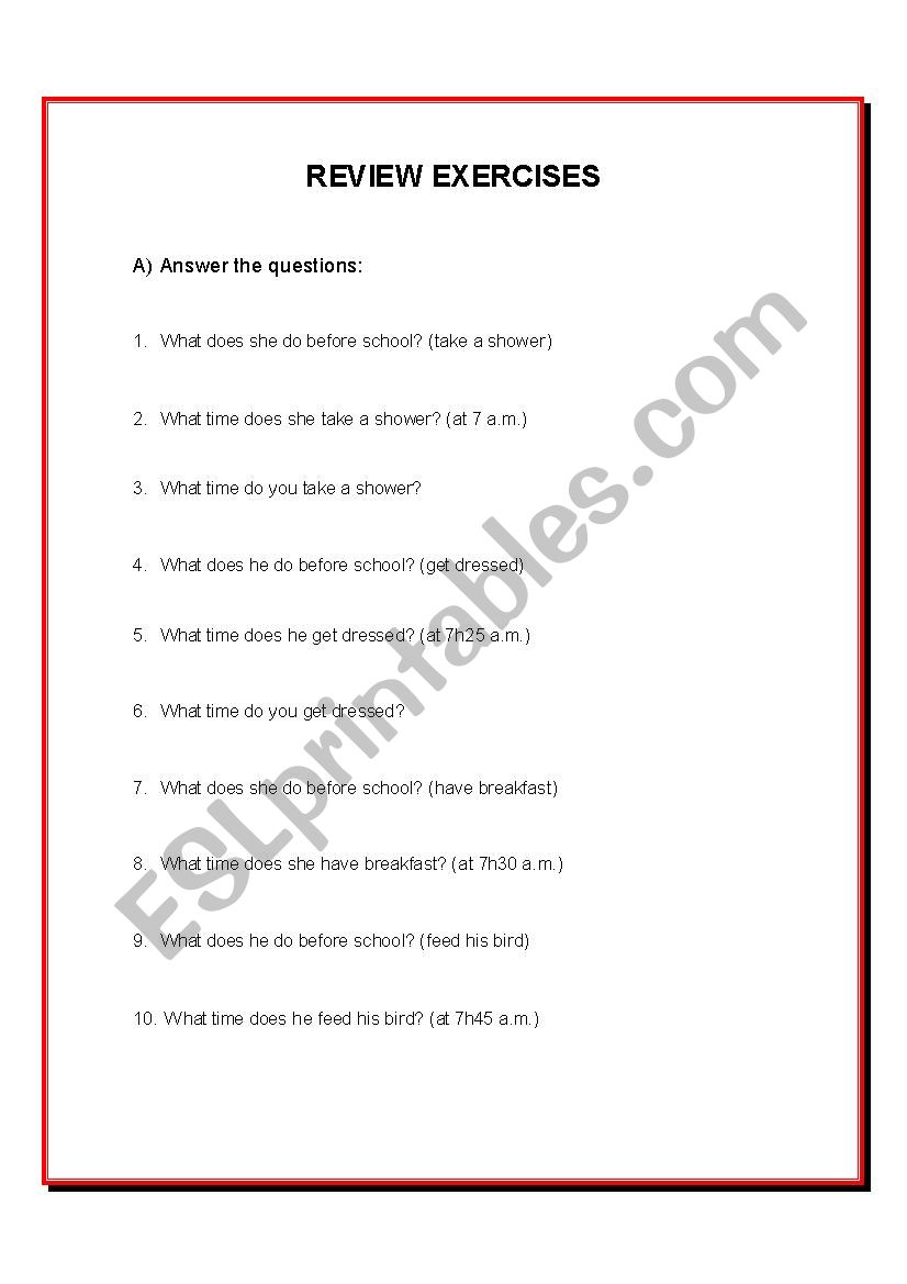 BEFORE / AFTER QUESTIONS worksheet