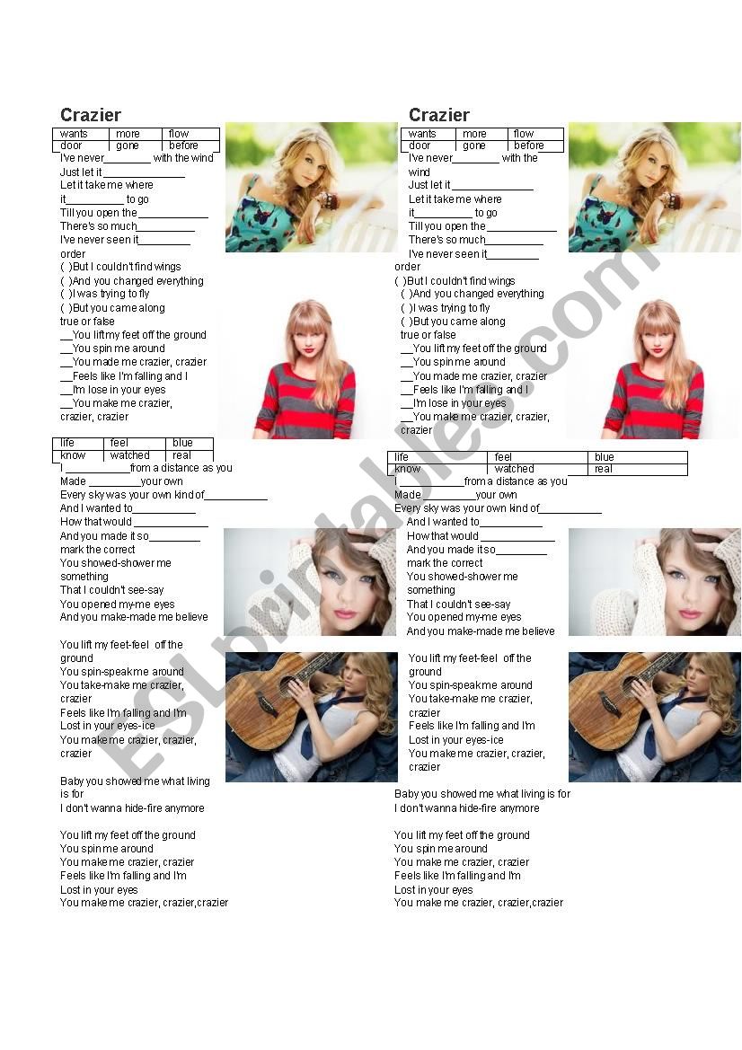 taylor swift crazier worksheet