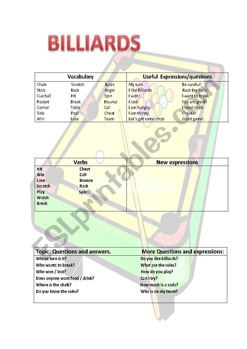 Playing Billiards worksheet