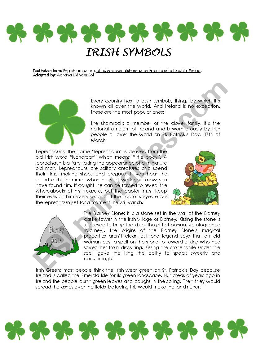 IRISH SYMBOLS worksheet