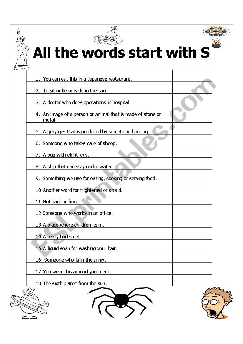 All the Words Start with S worksheet
