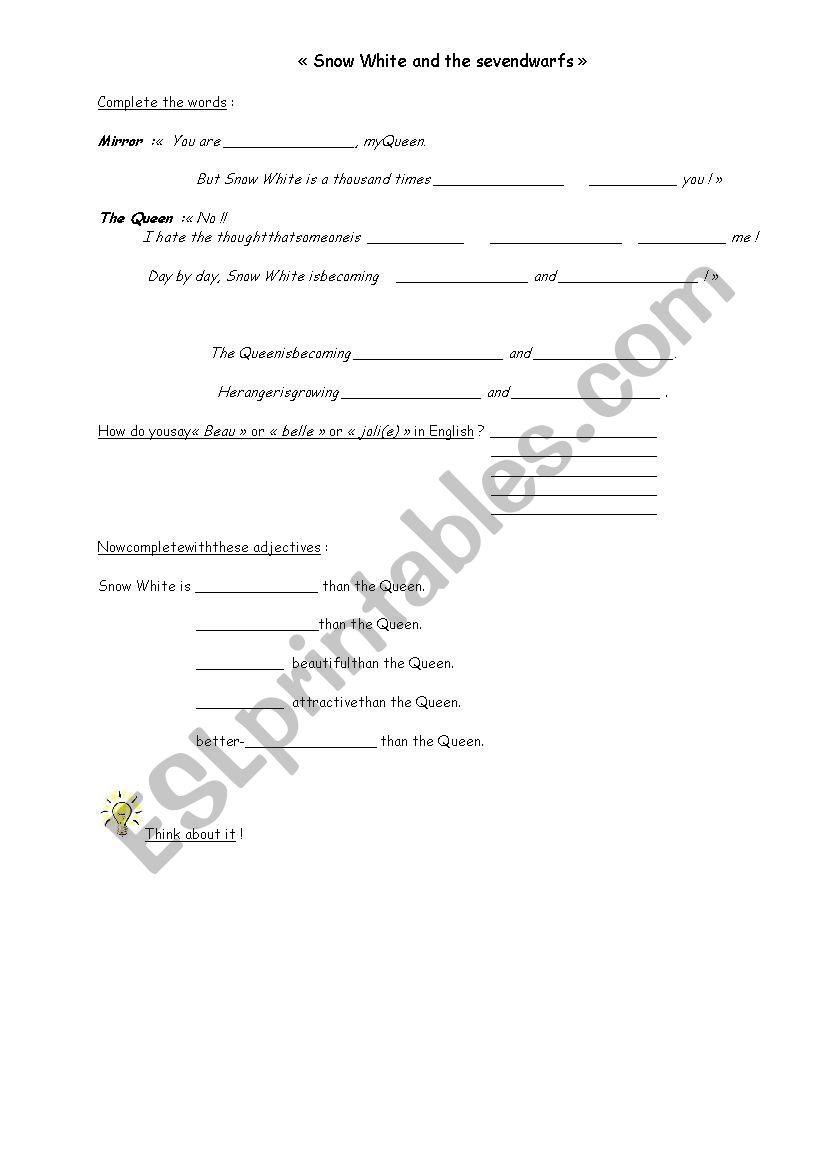 Snowhite and the seven dwarfs worksheet