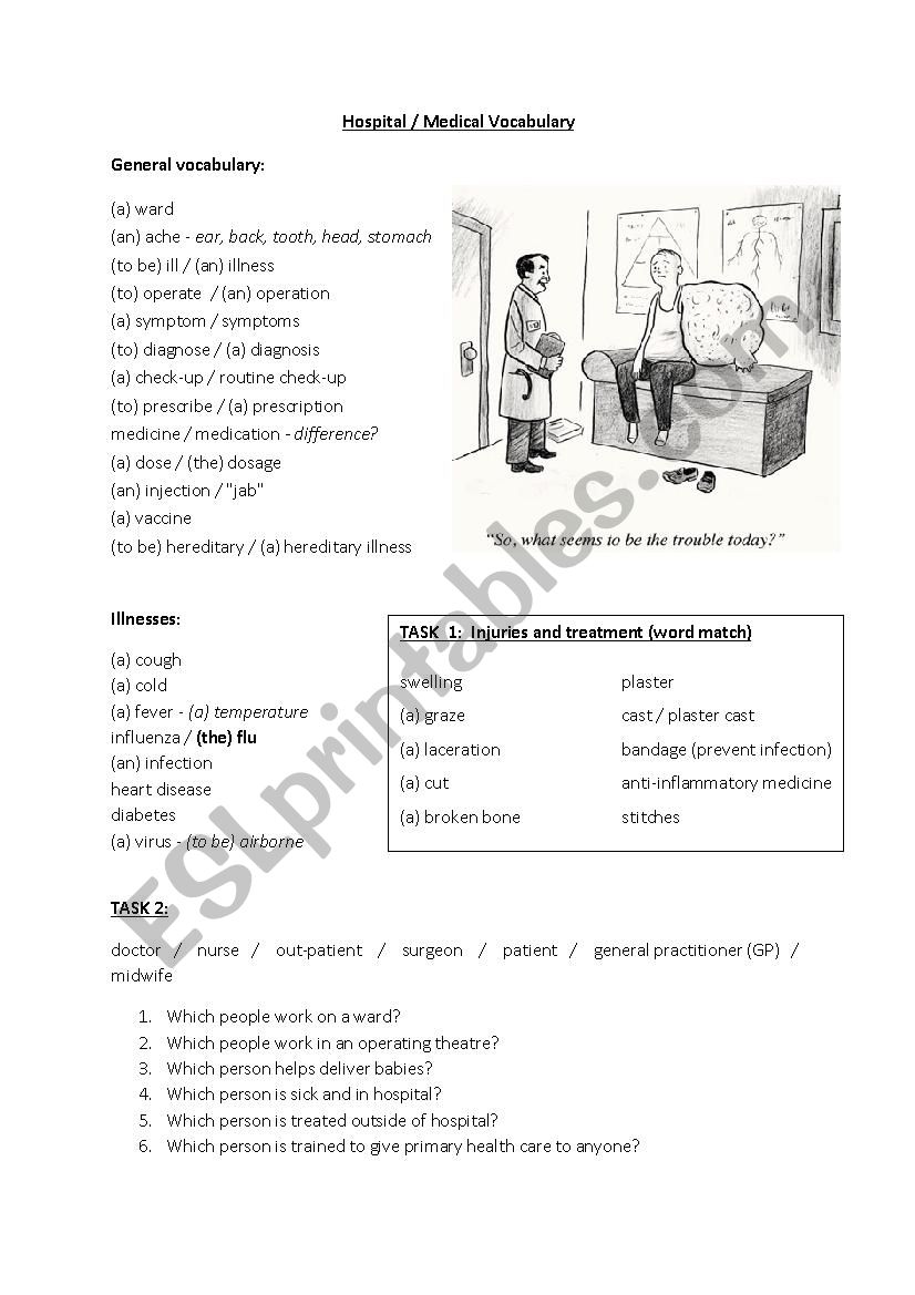 Medical vocabulary worksheet