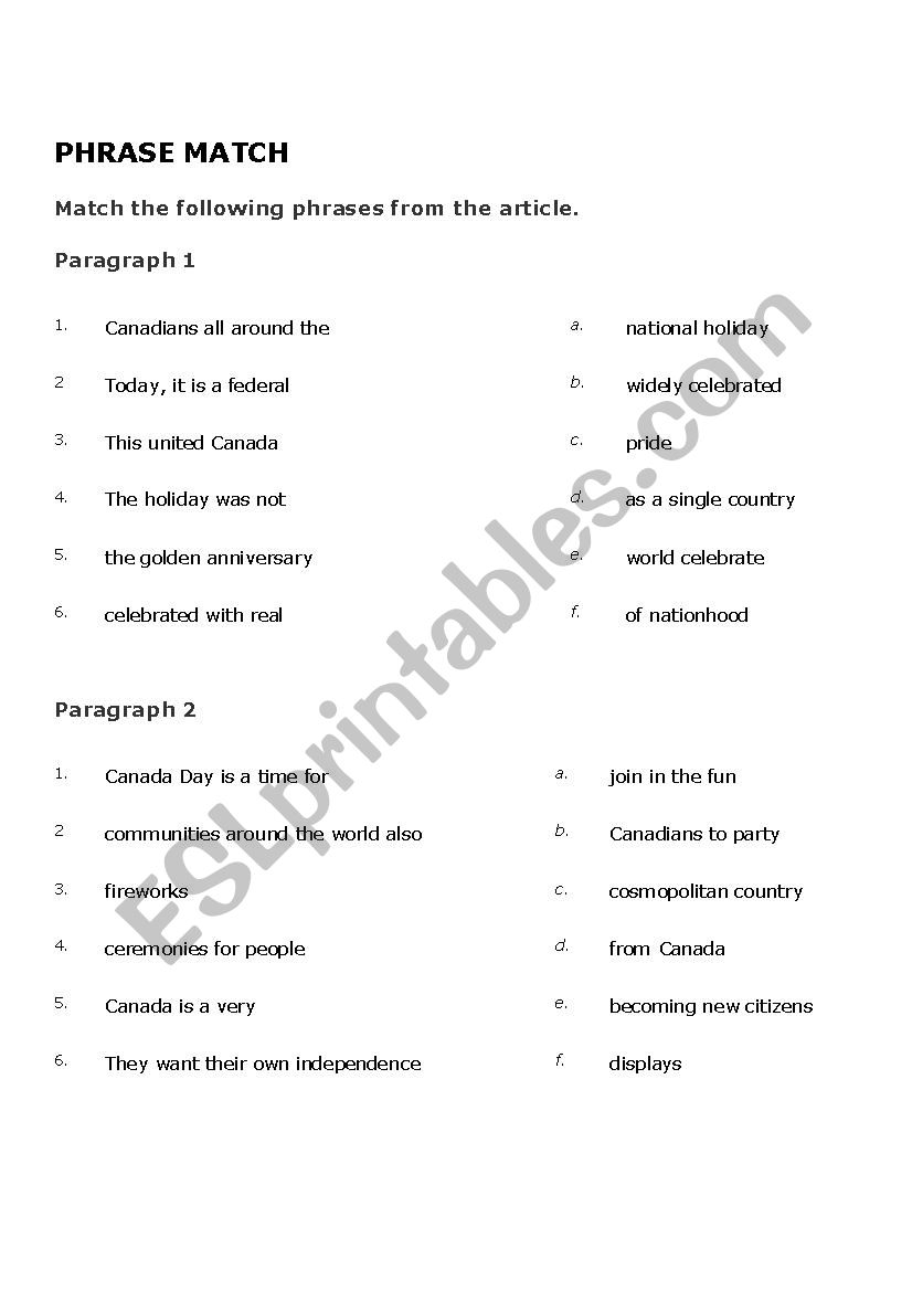 Phrase Match Canada Day worksheet