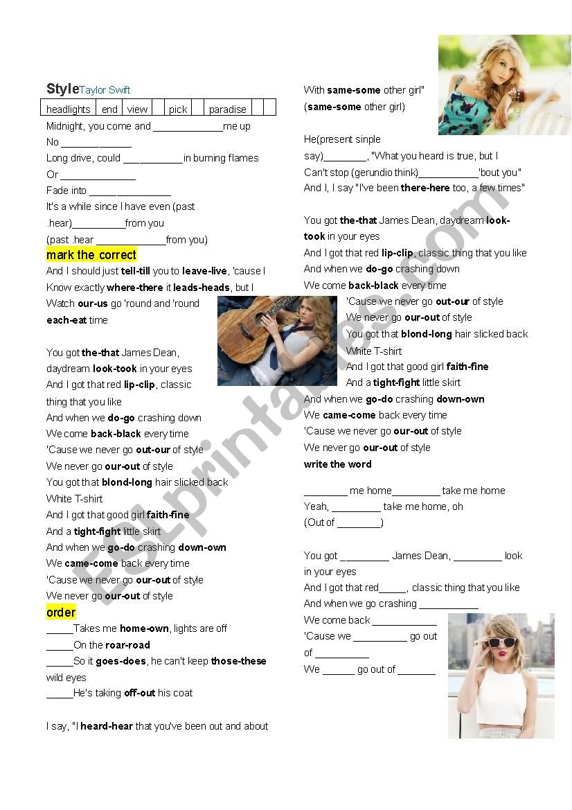 Song: Style Taylor Swift worksheet