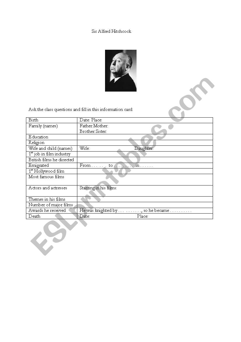 Alfred Hitchcocks Biography worksheet