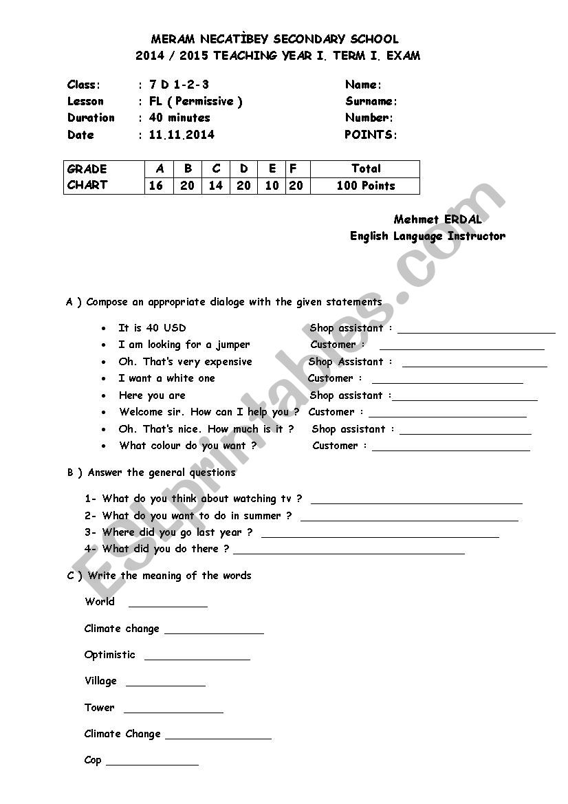 7th classes exam worksheet