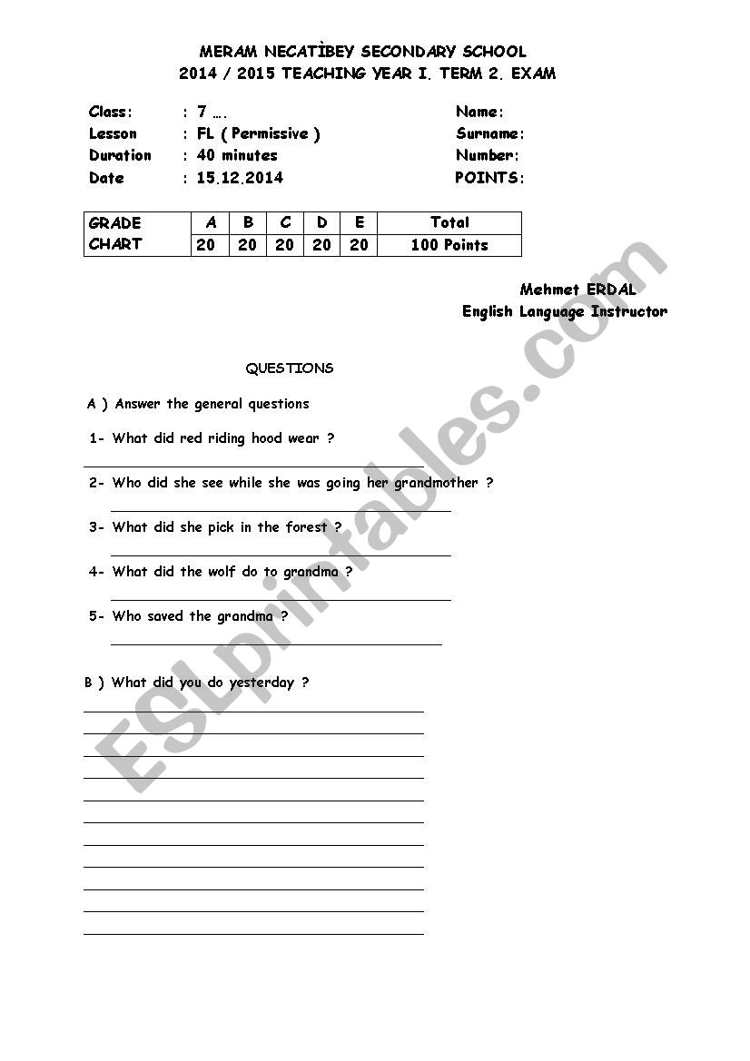 7th classes exam worksheet