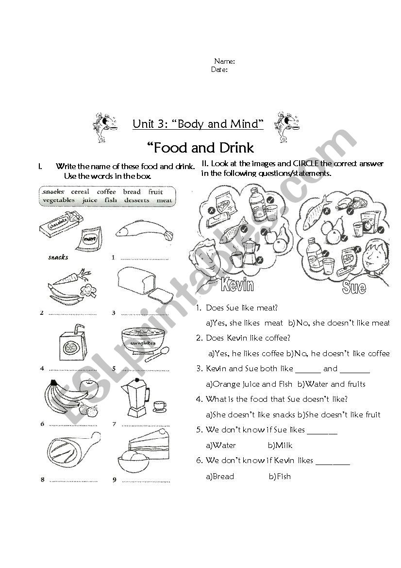 Food and drinks exercises worksheet