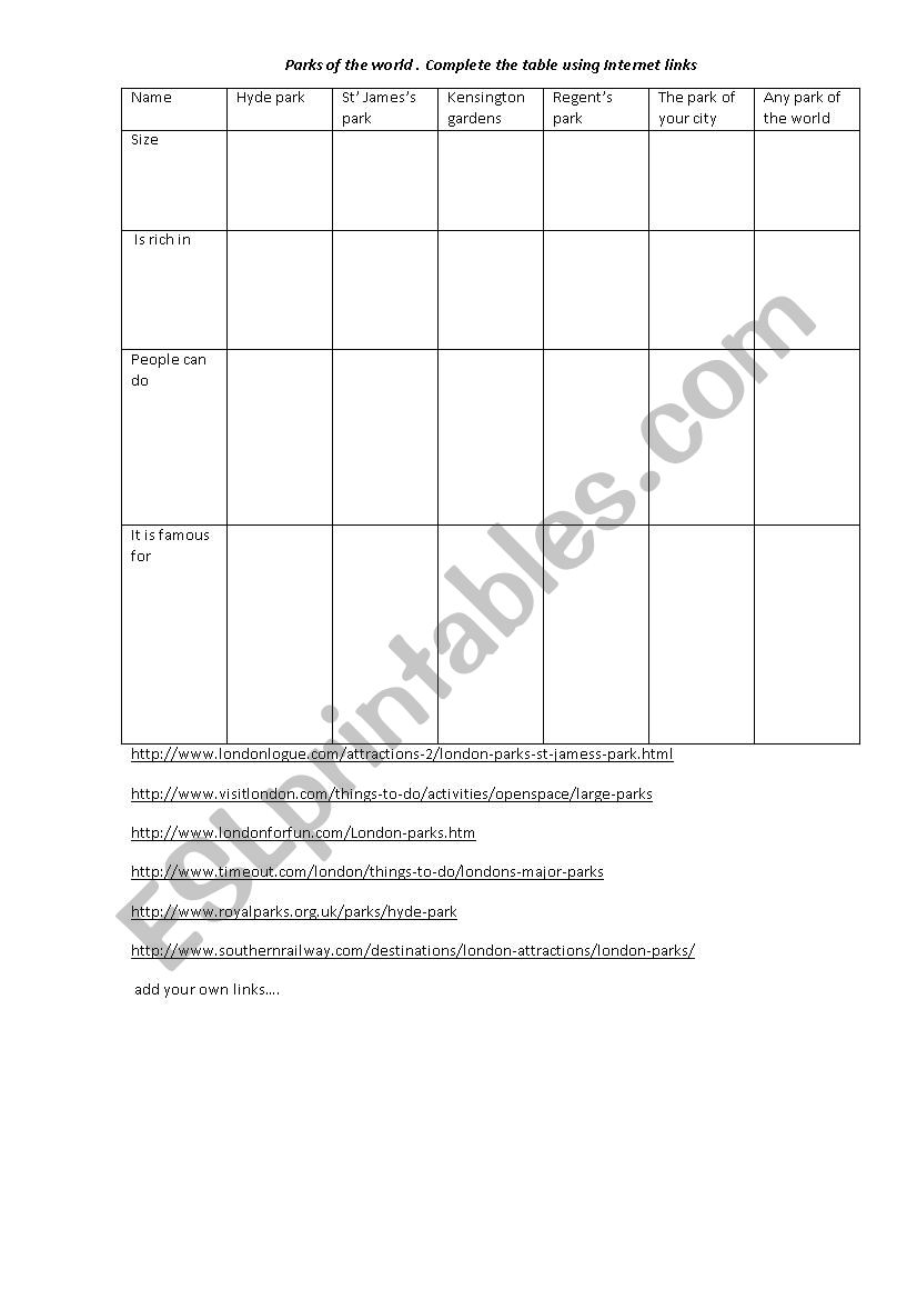 Parks of the world worksheet