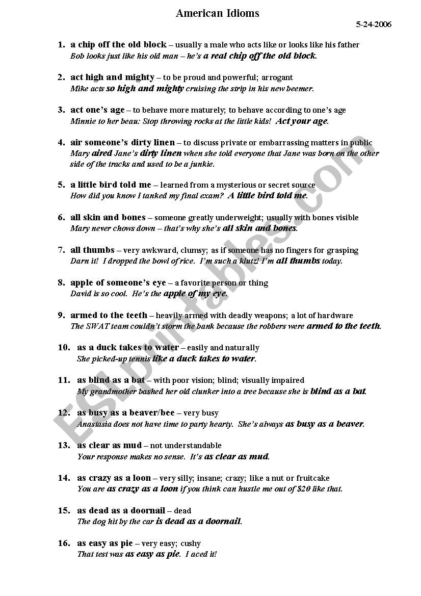 Common American Idioms worksheet