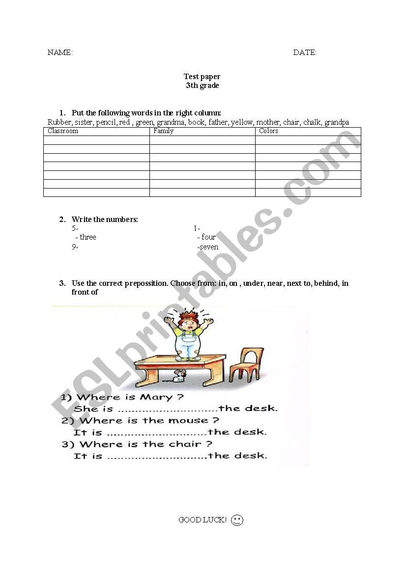 test paper 3th grade worksheet