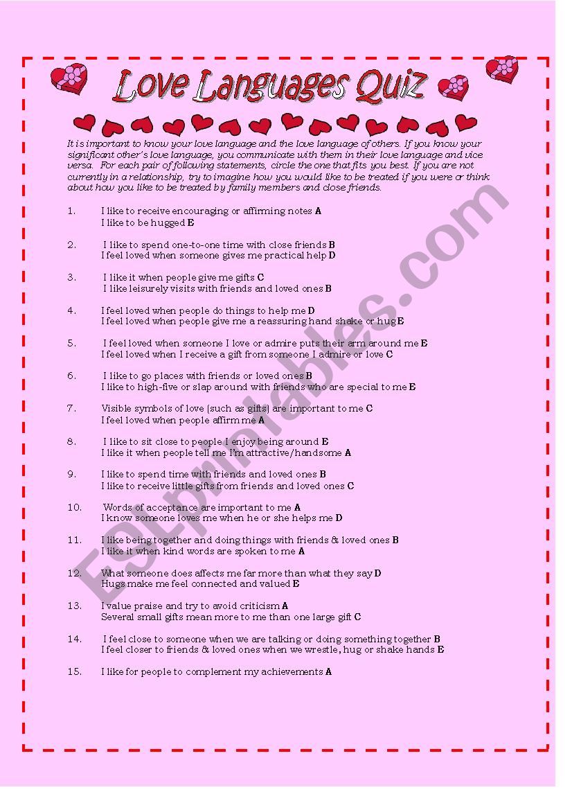 Love Languages Quiz worksheet