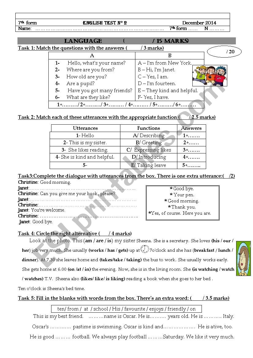 English test n° 2 - ESL worksheet by meds