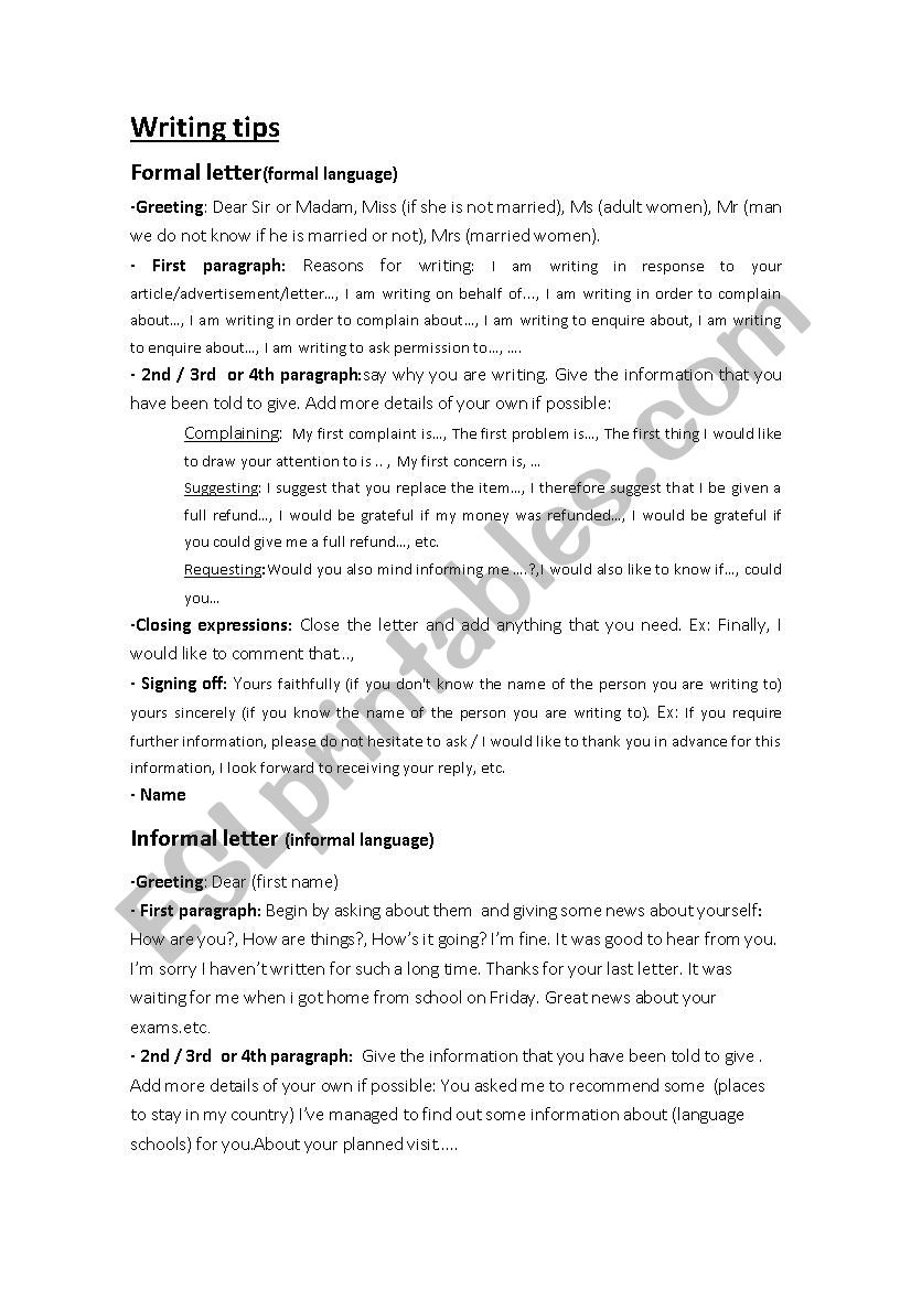 writing tips worksheet