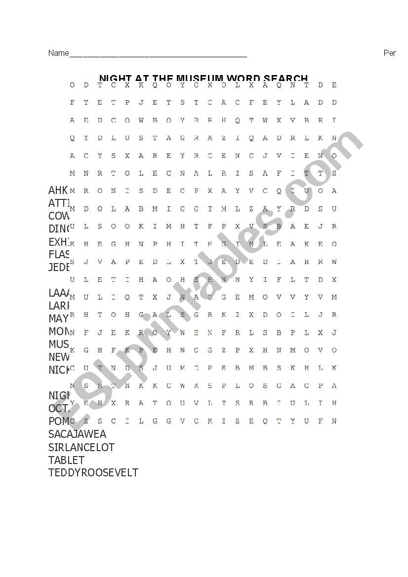 Night at the Museum Word Search