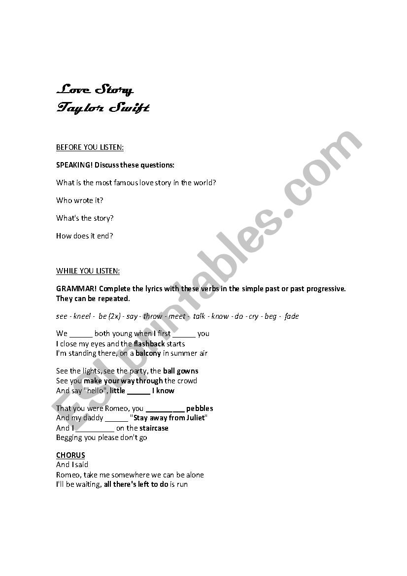 Taylor Swift Love Story Esl Worksheet By Alisillam