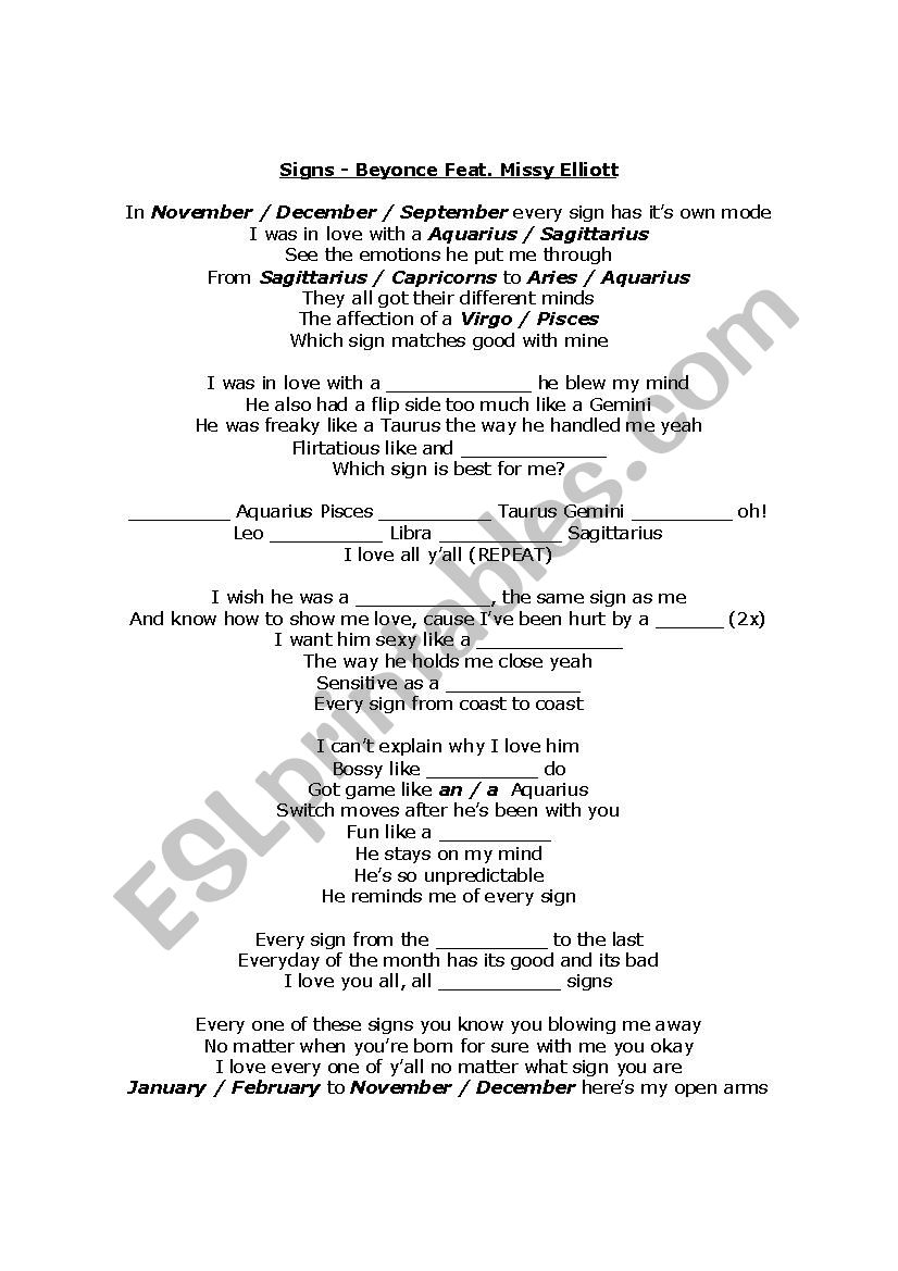 Beyonce - Signs worksheet