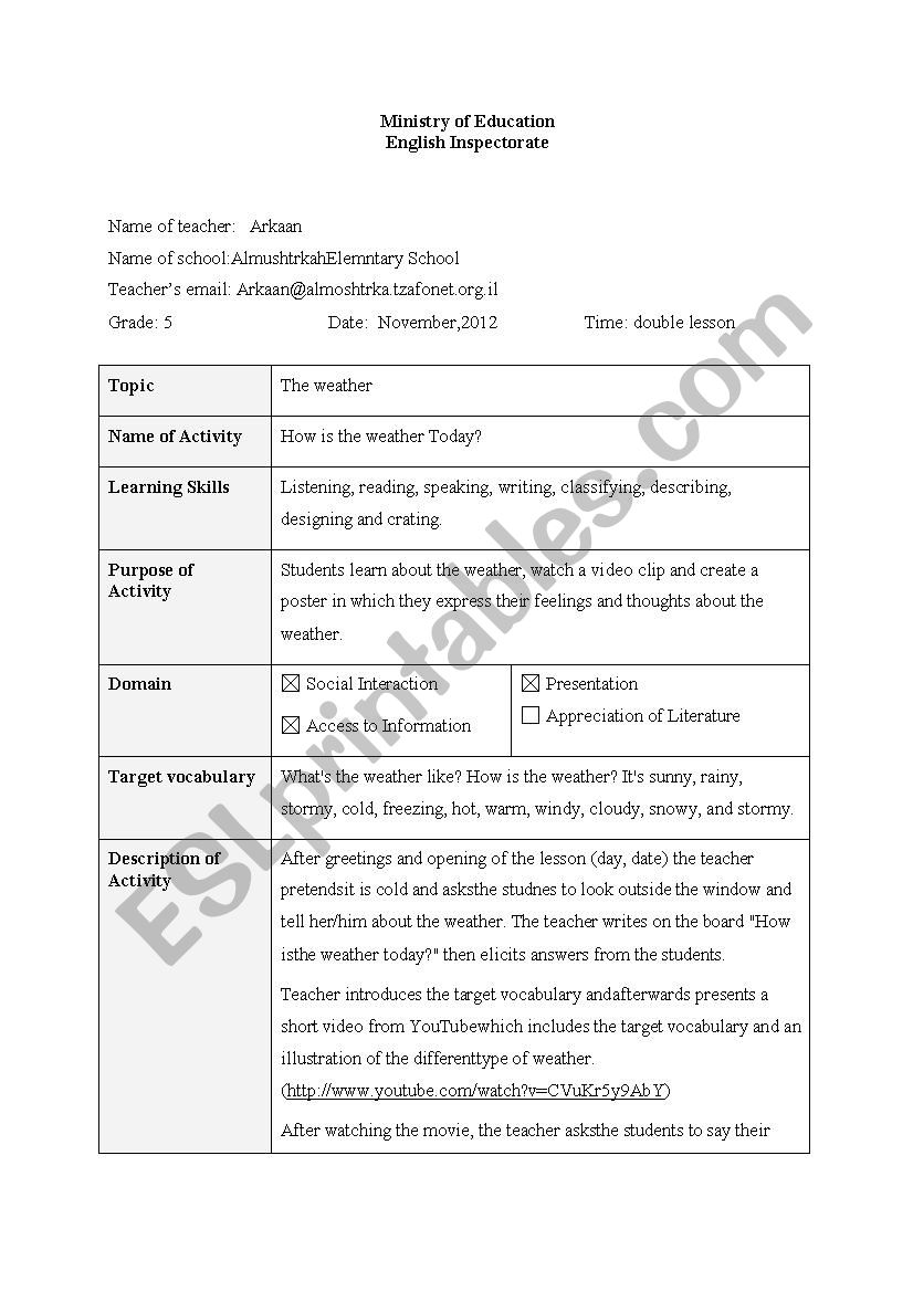 The weather lesson plan worksheet